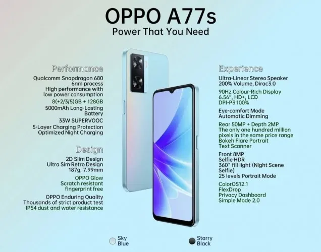 oppo a77s specification and features